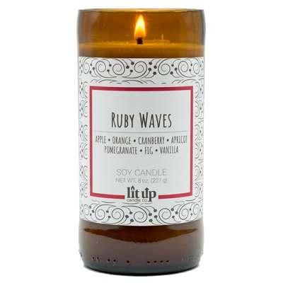 Ruby Waves scented 8 oz. soy candle in upcycled beer bottle