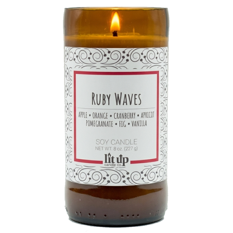 Ruby Waves scented 8 oz. soy candle in upcycled beer bottle