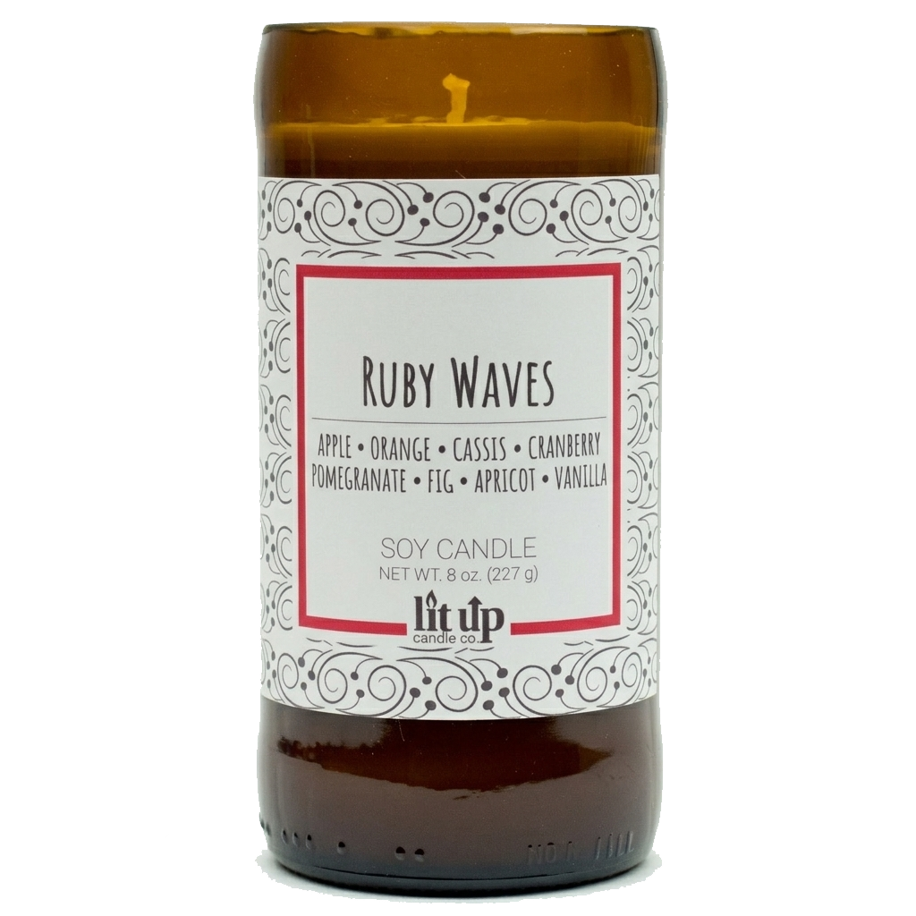 Ruby Waves scented 8 oz. soy candle in upcycled beer bottle