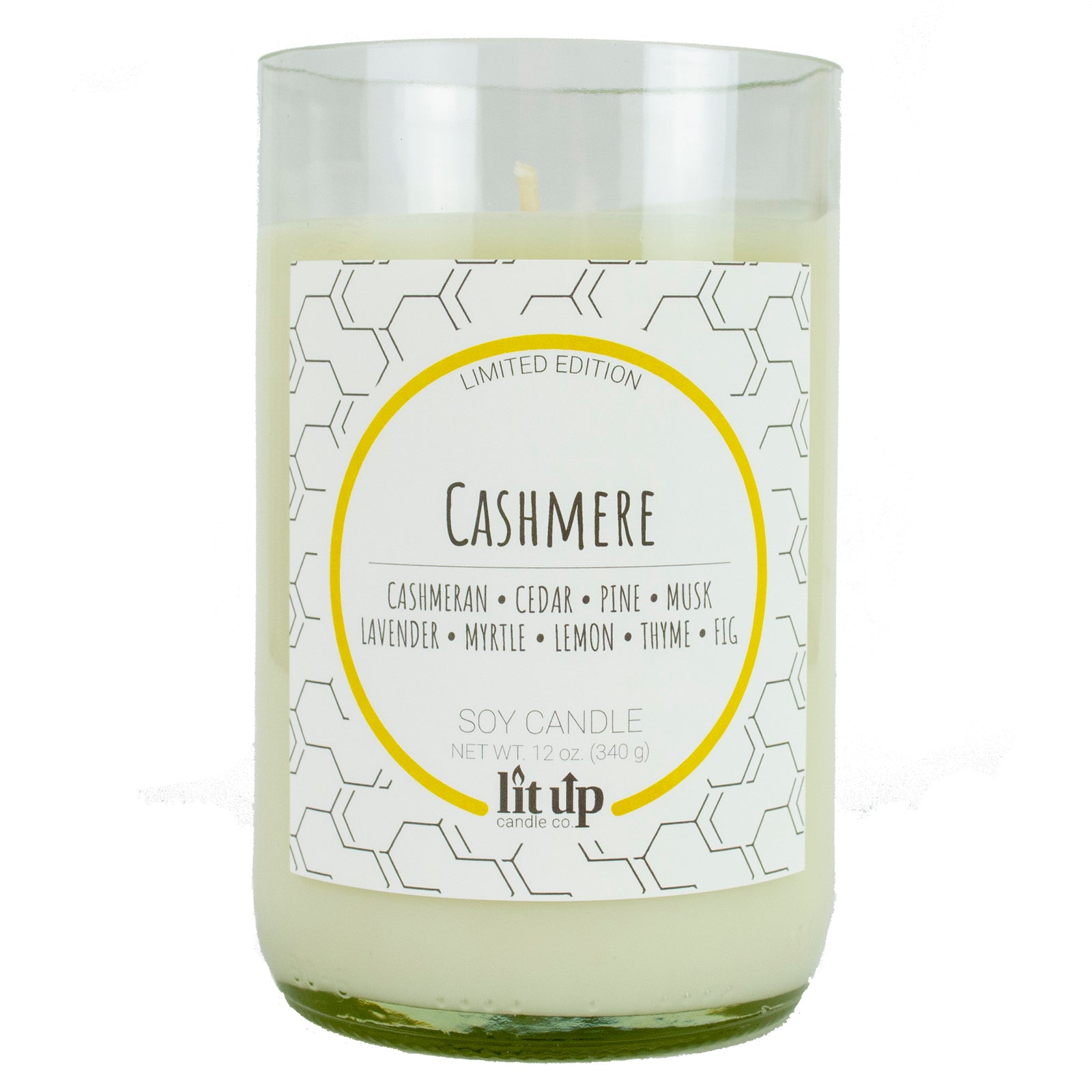 Kashmir scented 12 oz. soy candle in upcycled wine bottle - FKA Cashmere