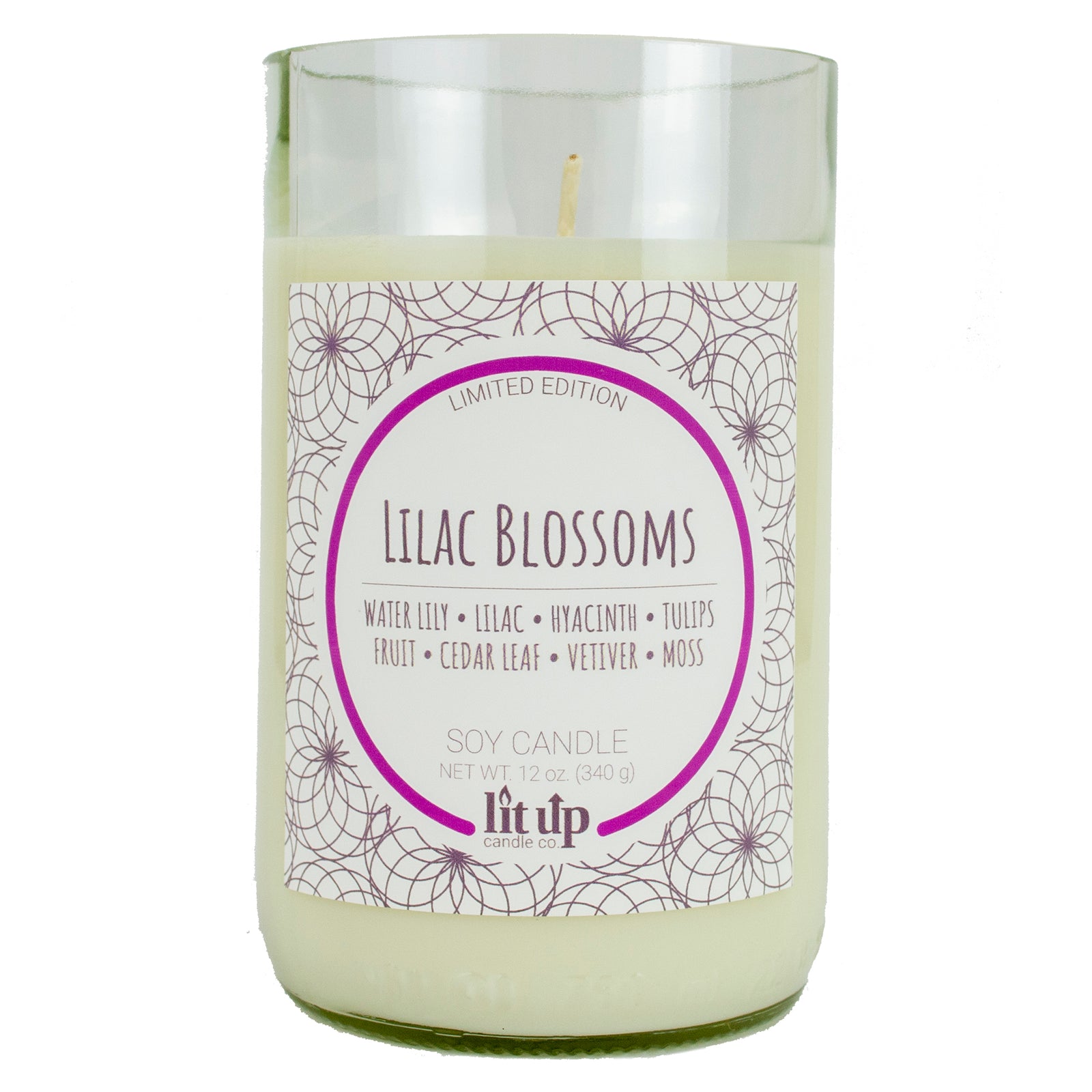 Lilac Blossoms scented 12 oz. soy candle in upcycled wine bottle - Limited Edition