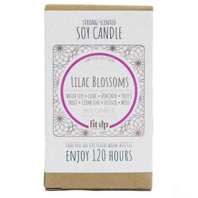 Lilac Blossoms scented 12 oz. soy candle in upcycled wine bottle - Limited Edition