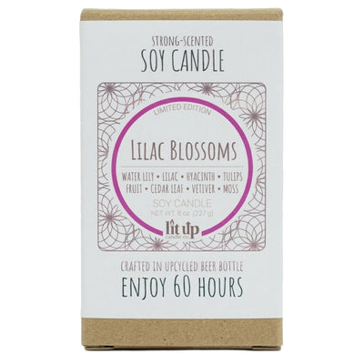 Lilac Blossoms scented 8 oz. soy candle in upcycled beer bottle - Limited Edition