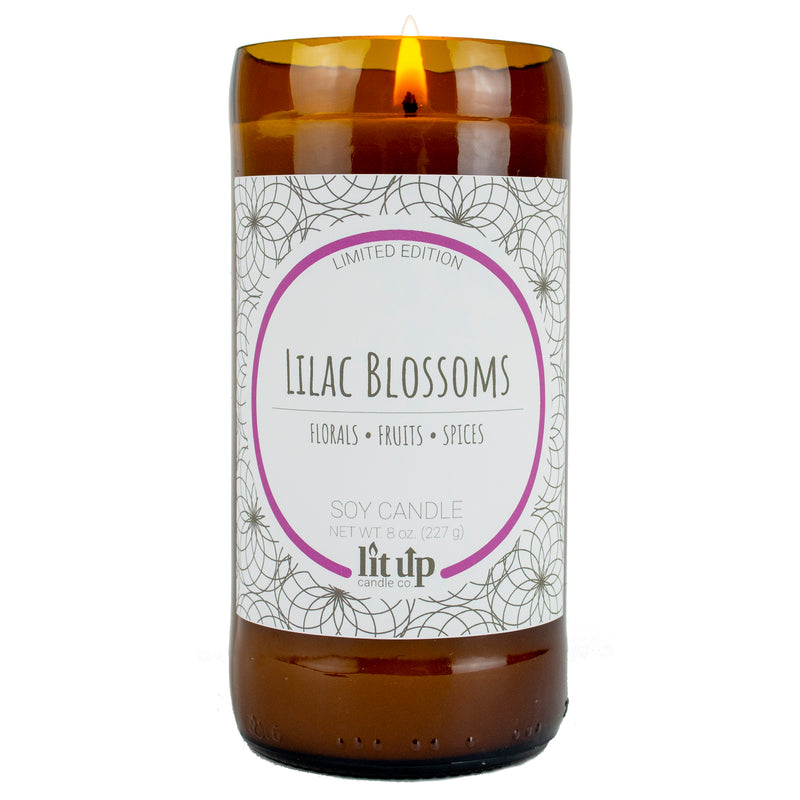 Lilac Blossoms scented 8 oz. soy candle in upcycled beer bottle - Limited Edition
