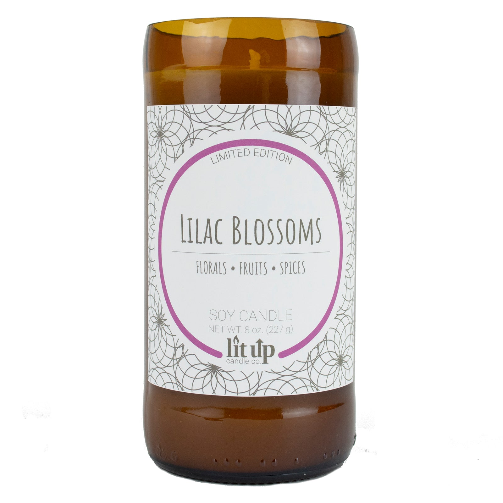 Lilac Blossoms scented 12 oz. soy candle in upcycled wine bottle