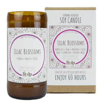 Lilac Blossoms scented 8 oz. soy candle in upcycled beer bottle - Limited Edition