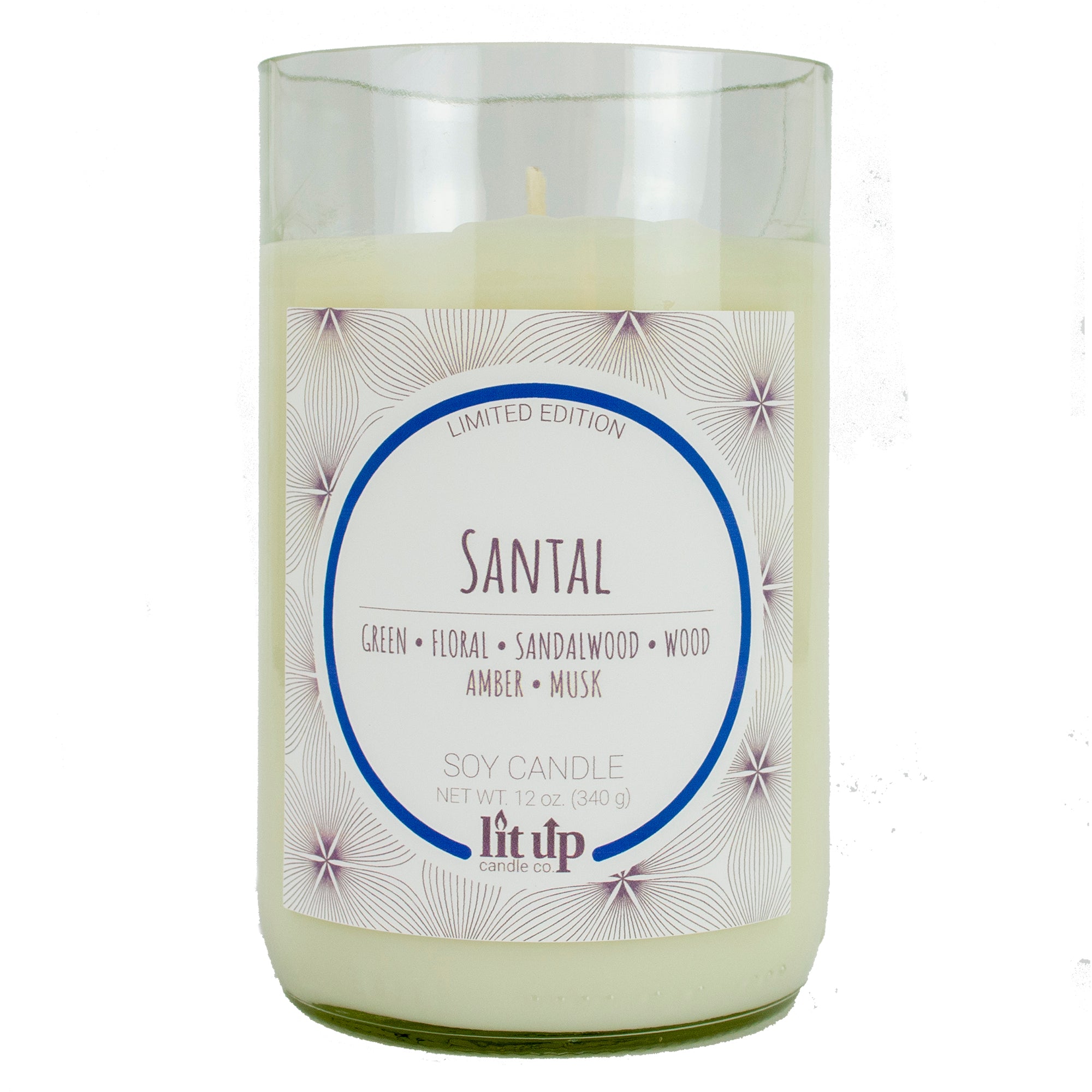 Santal scented 12 oz. soy candle in upcycled wine bottle - Limited Edition