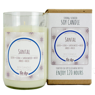 Santal scented 12 oz. soy candle in upcycled wine bottle - Limited Edition