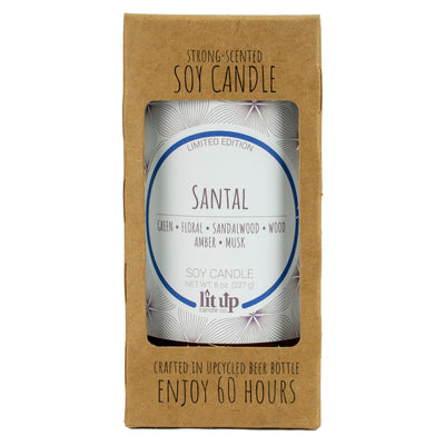 Santal scented 8 oz. soy candle in upcycled beer bottle - Limited Edition
