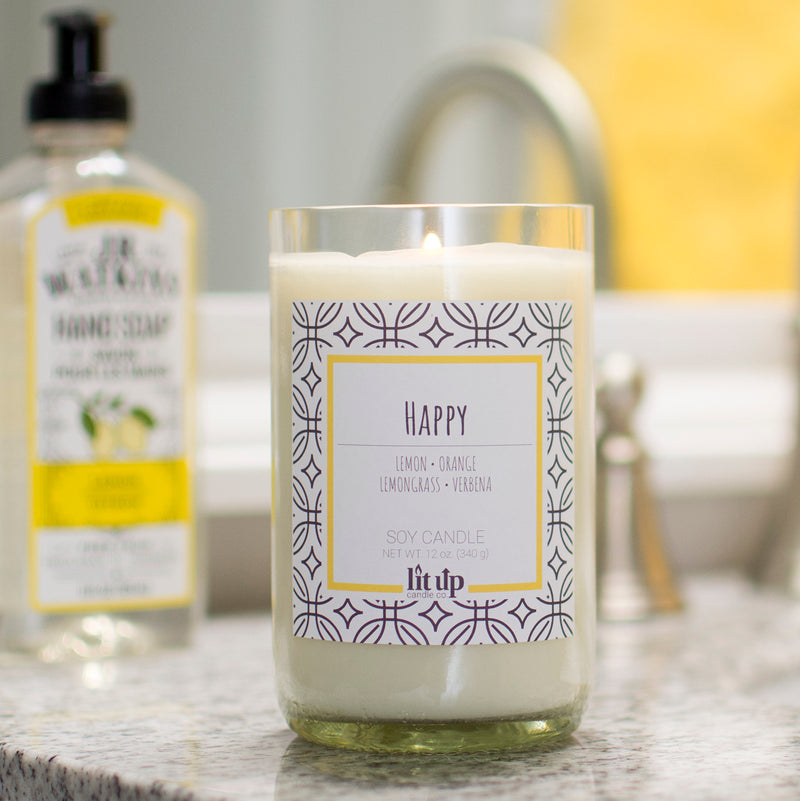 Happy 12 oz. soy candle in upcycled wine bottle | Lemon, Lemongrass, Verbena