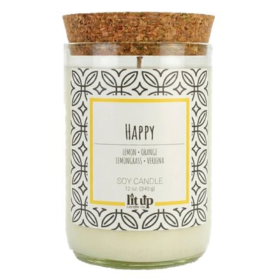 Happy 12 oz. soy candle in upcycled wine bottle | Lemon, Lemongrass, Verbena