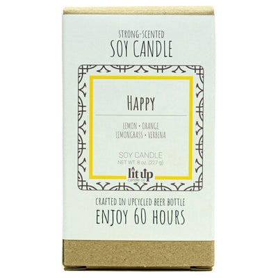 Happy scented 8 oz. soy candle in upcycled beer bottle - FKA Lemon Verbena