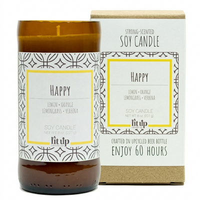 Happy scented 8 oz. soy candle in upcycled beer bottle | Lemon, Lemongrass, Verbena