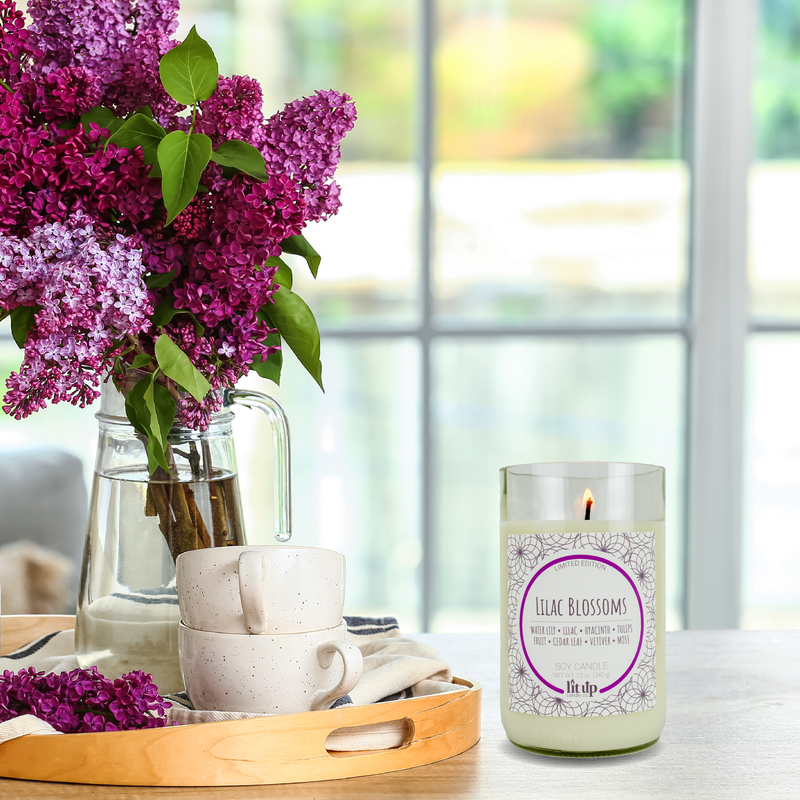 Lilac Blossoms scented 12 oz. soy candle in upcycled wine bottle | Limited Edition