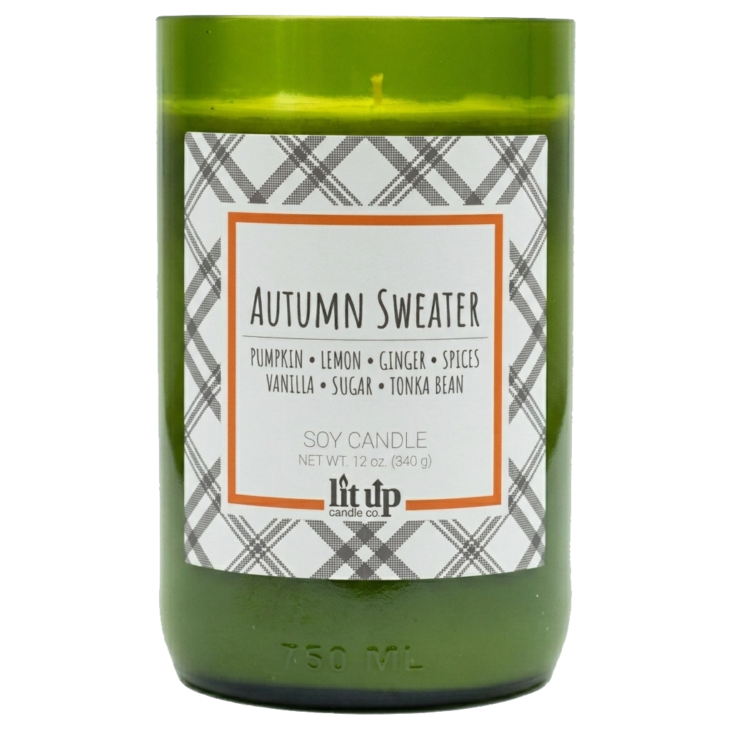 Autumn Sweater scented 12 oz. soy candle in upcycled wine bottle