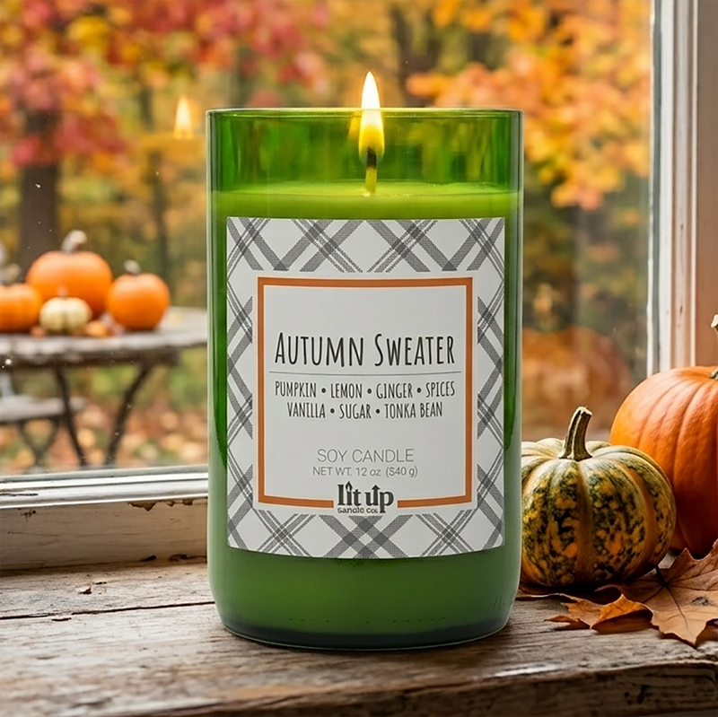 Autumn Sweater 12 oz. soy candle in upcycled wine bottle | Pumpkin, Spices