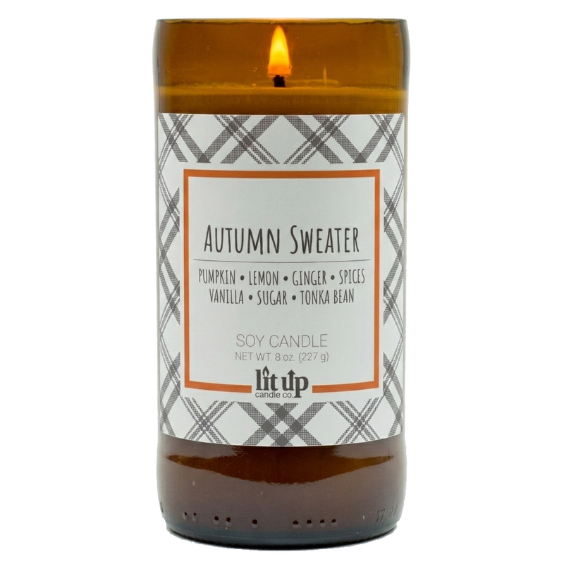 Autumn Sweater scented 8 oz. soy candle in upcycled beer bottle
