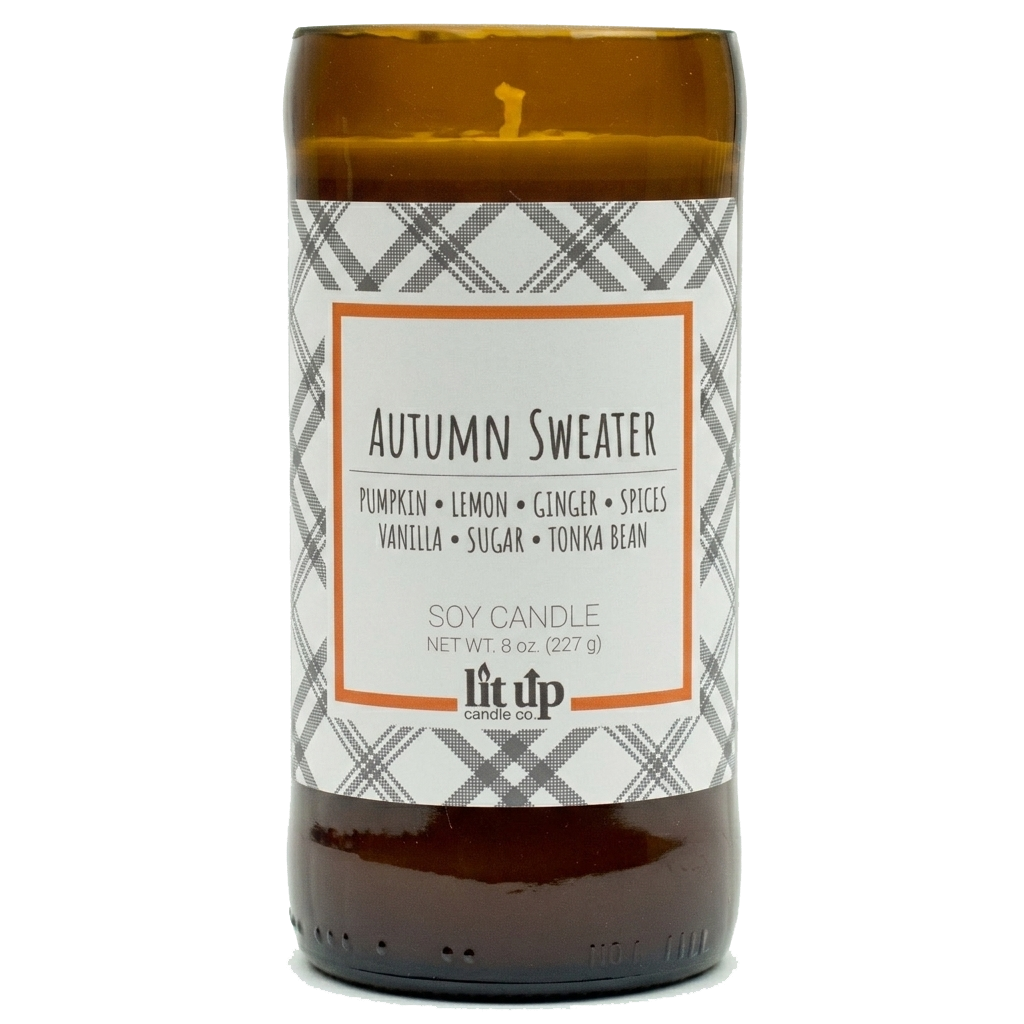 Autumn Sweater scented 8 oz. soy candle in upcycled beer bottle