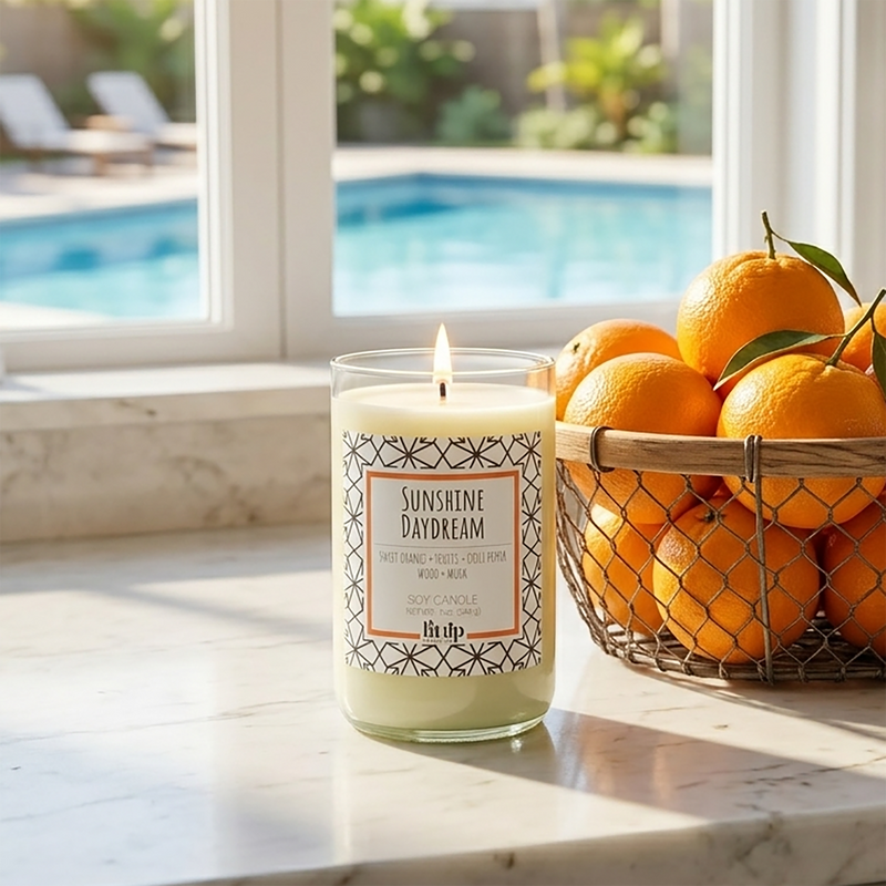 Sunshine Daydream 12 oz. soy candle in upcycled wine bottle | Sweet Orange, Chili Pepper