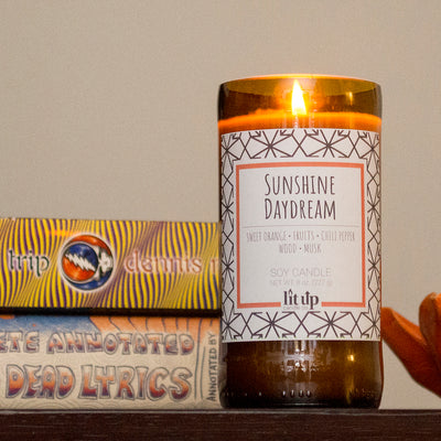 Sunshine Daydream 8 oz. soy candle in upcycled beer bottle | Sweet Orange, Chili Pepper