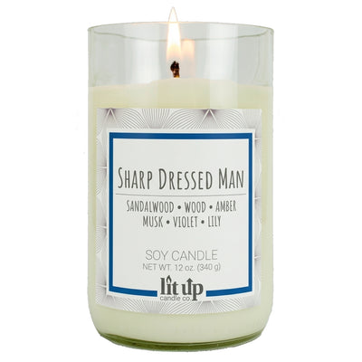 Sharp Dressed Man scented 12 oz. soy candle in upcycled wine bottle - FKA Santal