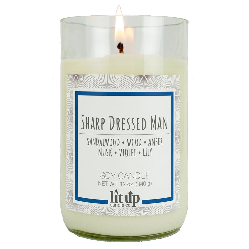 Sharp Dressed Man scented 12 oz. soy candle in upcycled wine bottle - FKA Santal