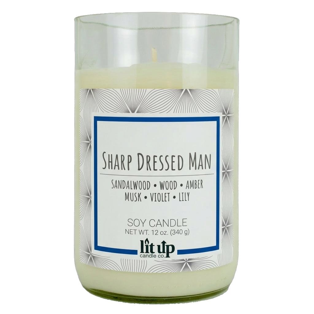 Sharp Dressed Man scented 12 oz. soy candle in upcycled wine bottle - FKA Santal