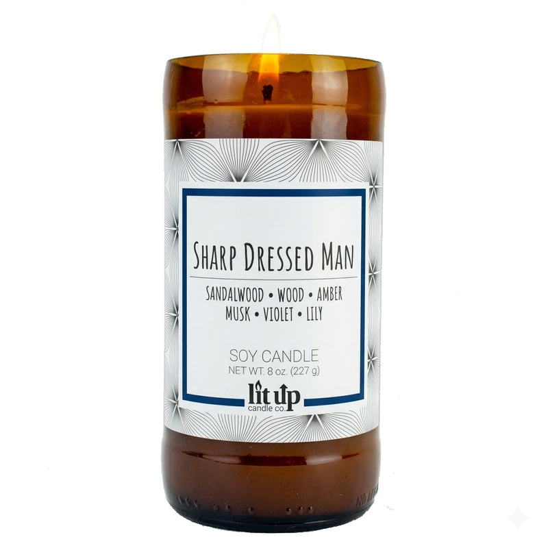 Sharp Dressed Man scented 8 oz. soy candle in upcycled beer bottle - FKA Santal