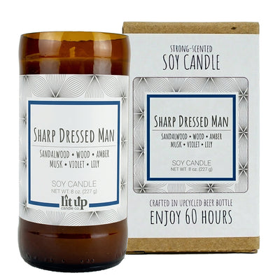 Sharp Dressed Man scented 8 oz. soy candle in upcycled beer bottle - FKA Santal