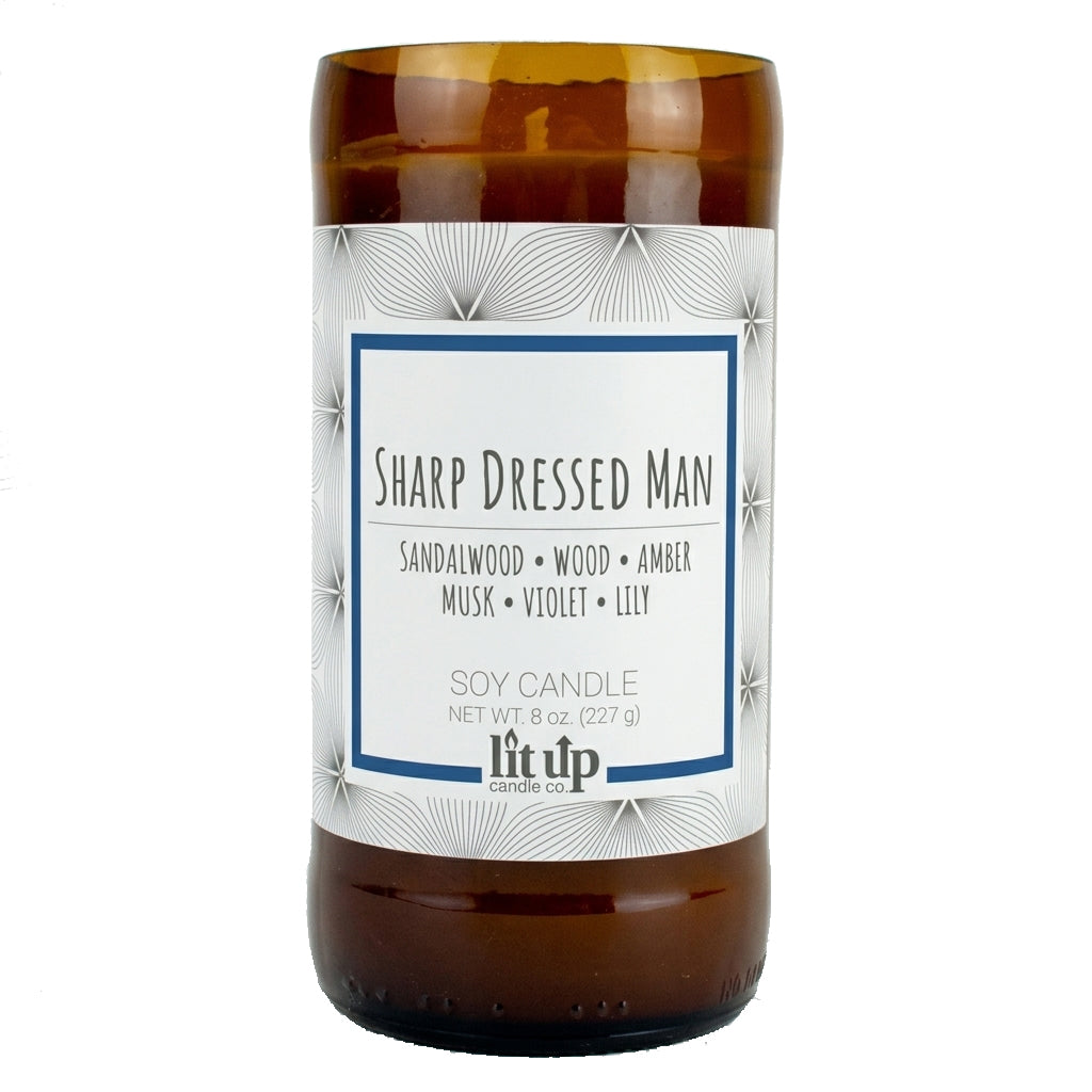 Sharp Dressed Man scented 8 oz. soy candle in upcycled beer bottle - FKA Santal