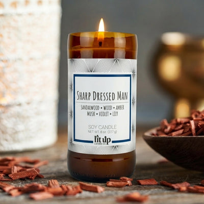 Sharp Dressed Man scented 8 oz. soy candle in upcycled beer bottle - FKA Santal