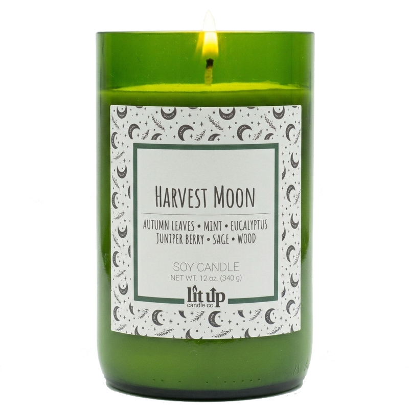 Harvest Moon scented 12 oz. soy candle in upcycled wine bottle