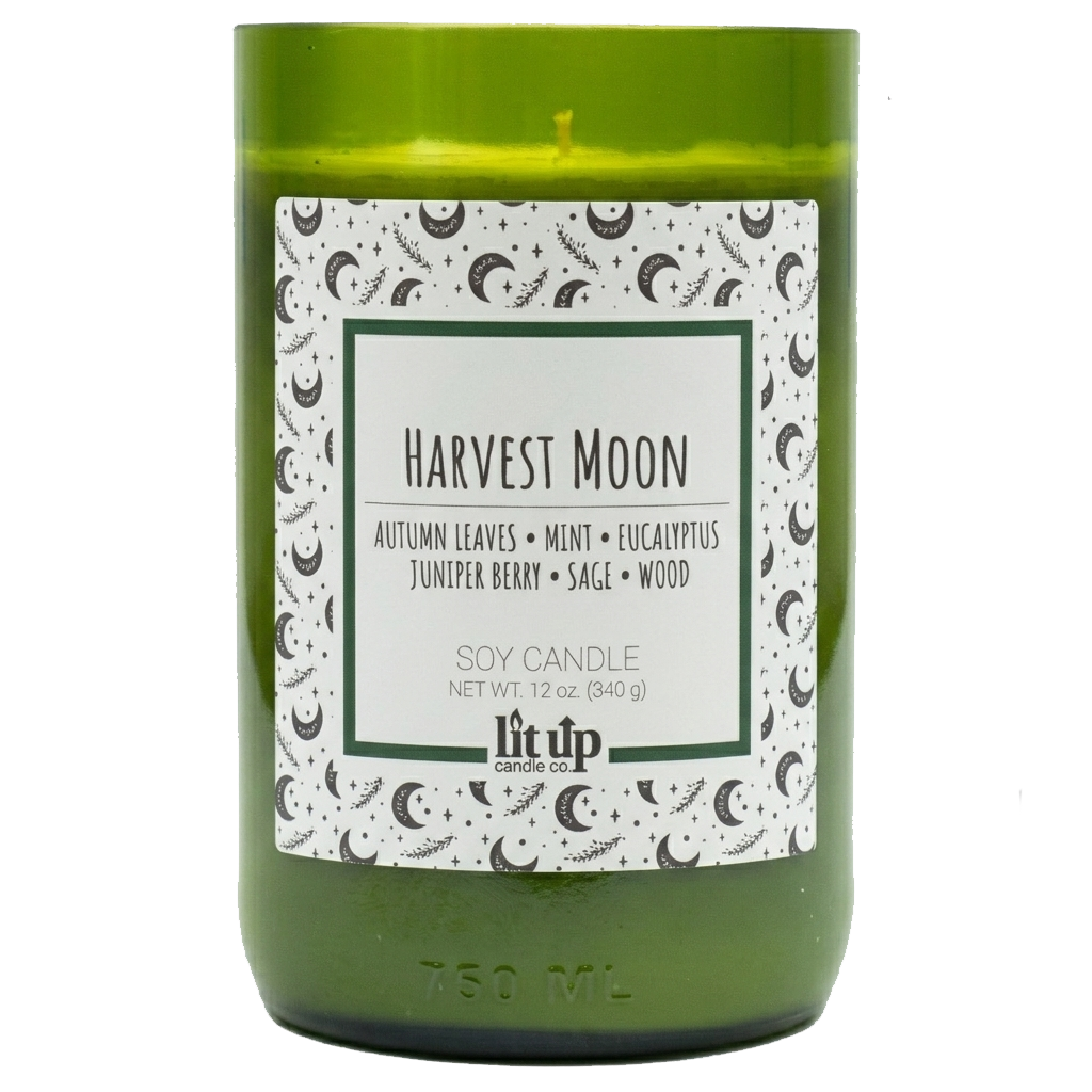 Harvest Moon scented 12 oz. soy candle in upcycled wine bottle