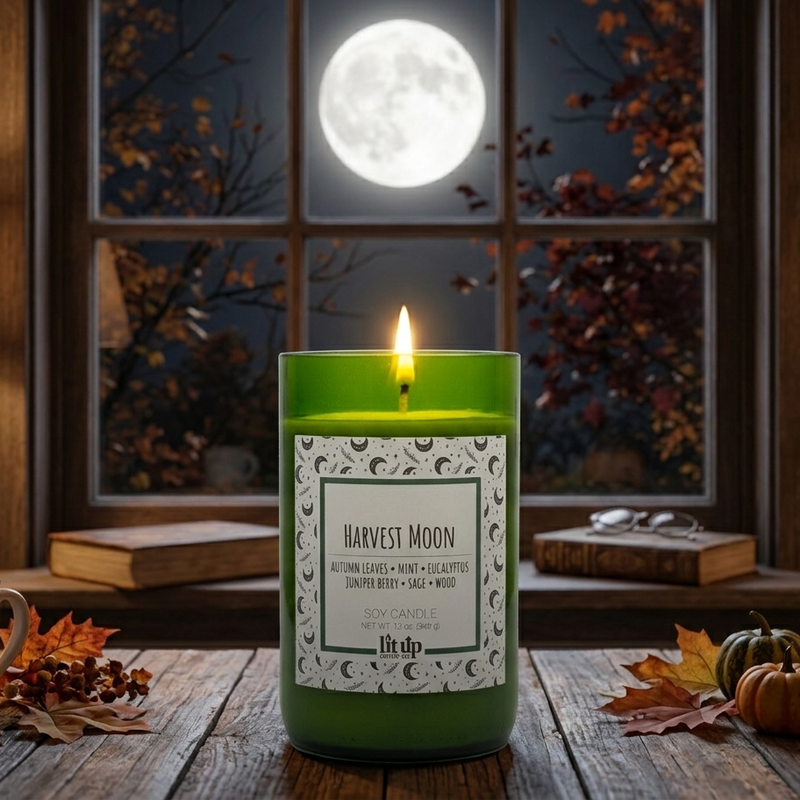 Harvest Moon 12 oz. soy candle in upcycled wine bottle | Leaves, Herbs, Wood