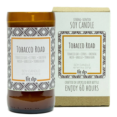 Tobacco Road scented 8 oz. soy candle in upcycled beer bottle - FKA Tobacco Caramel