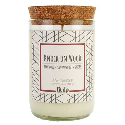 Knock on Wood scented 12 oz. soy candle in upcycled wine bottle - FKA Teakwood & Cardamom
