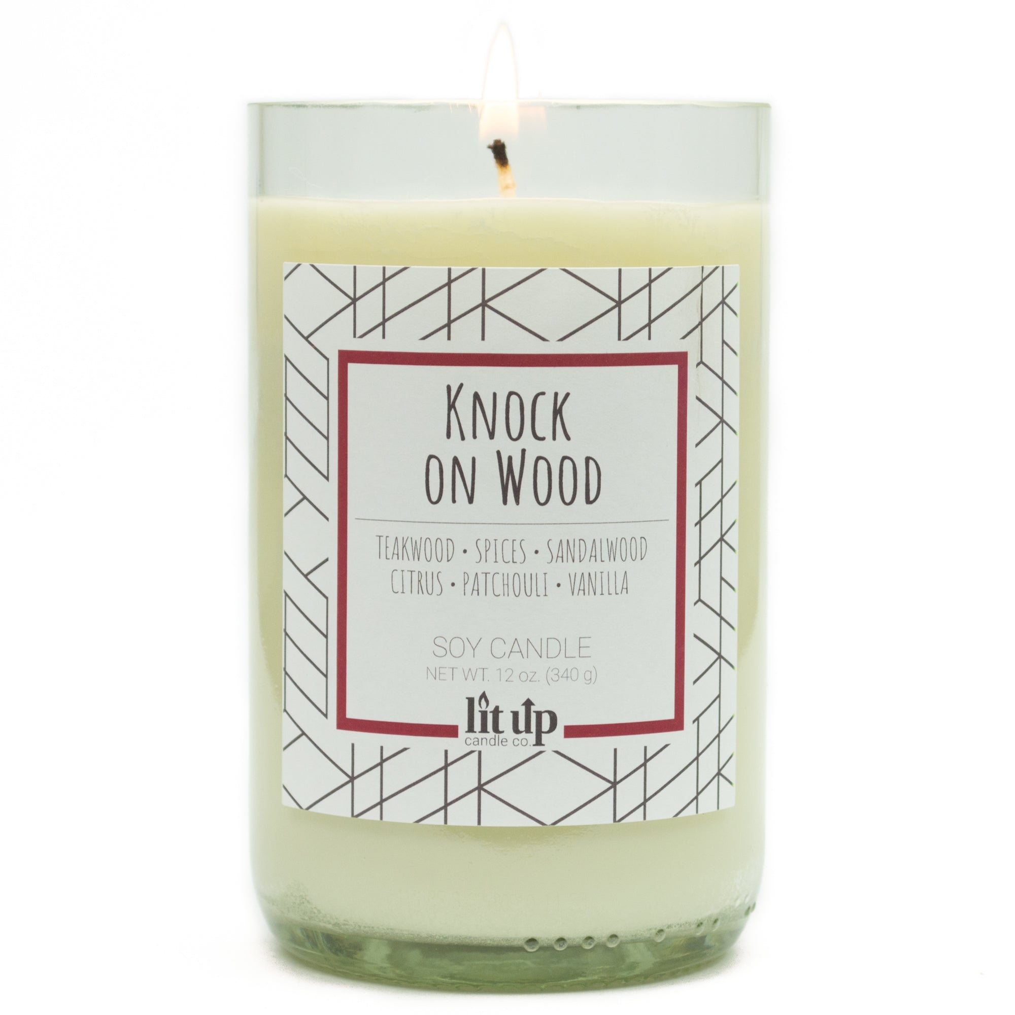 Knock on Wood scented 12 oz. soy candle in upcycled wine bottle