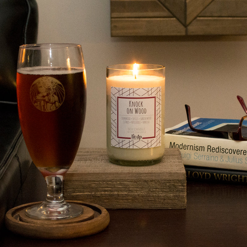 Knock on Wood 12 oz. soy candle in upcycled wine bottle | Teakwood, Sandalwood, Spices