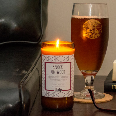 Knock on Wood 8 oz. soy candle in upcycled beer bottle | Teakwood, Sandalwood, Spices
