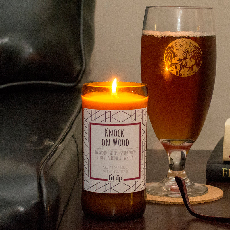 Knock on Wood 8 oz. soy candle in upcycled beer bottle | Teakwood, Sandalwood, Spices