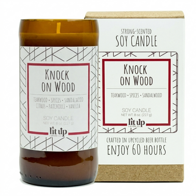 Knock on Wood 8 oz. soy candle in upcycled beer bottle | Teakwood, Sandalwood, Spices