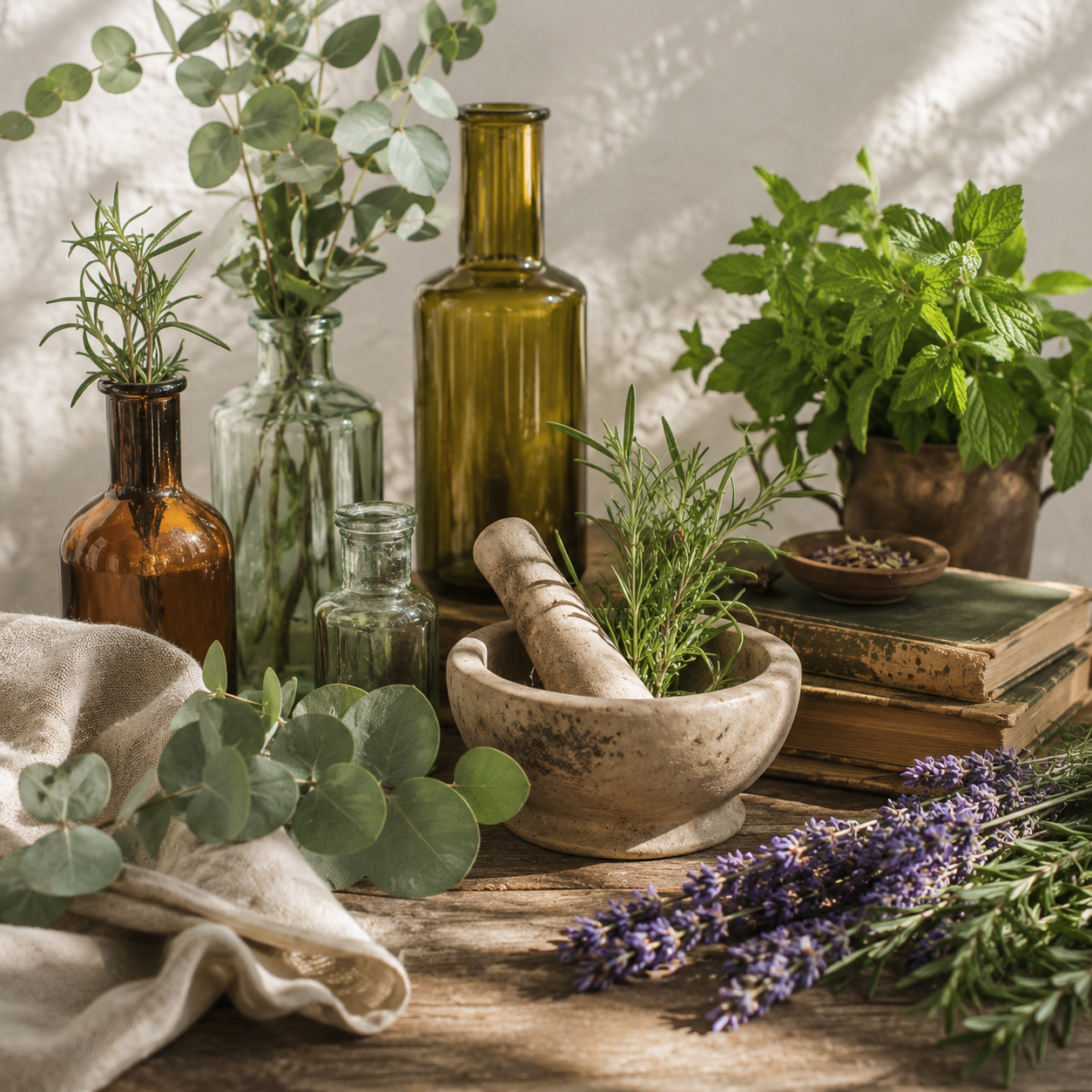 Apothecary bottles with eucalyptus, lavender, mint and herbs.