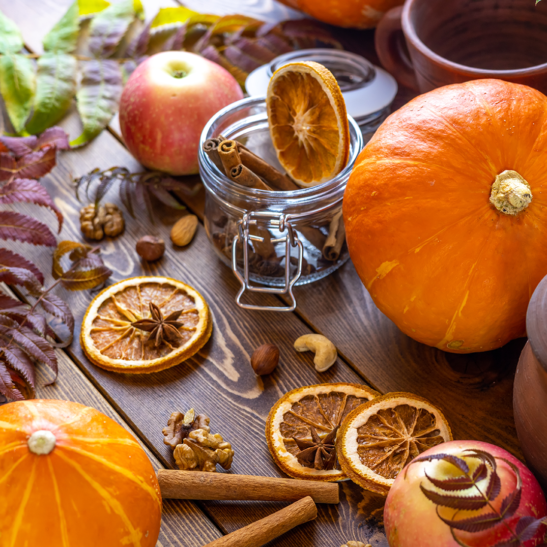 Fall fruits, spices and leaves