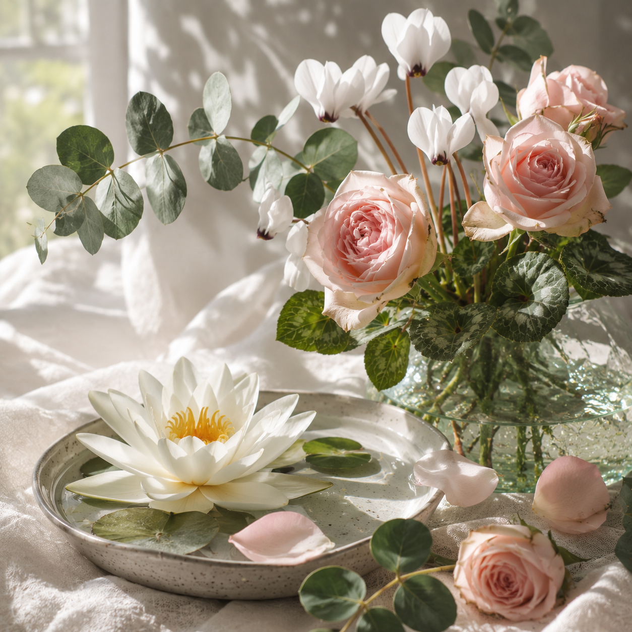 Water lily in a bowl of water sitting next to a vase of roses with white linen curtains in the background