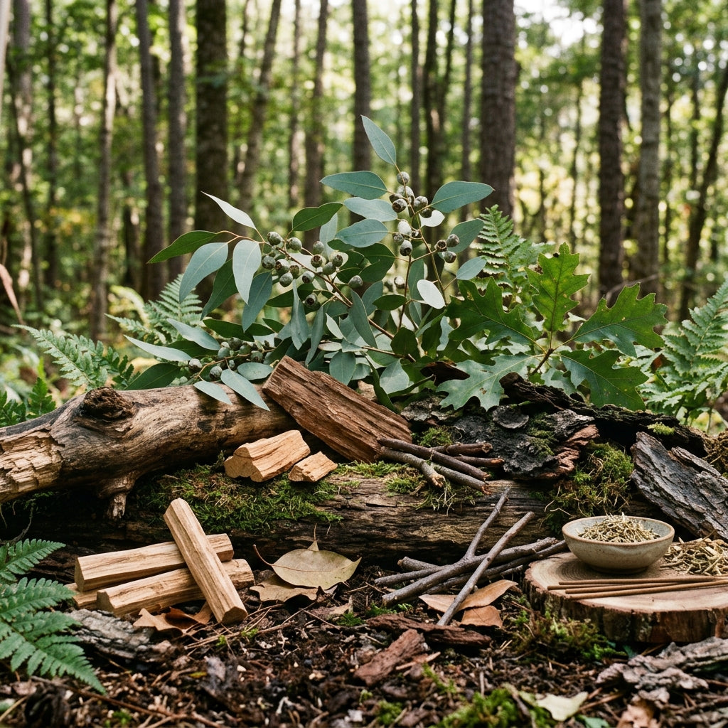 An outdoor collection of wood, sandalwood, and herbs