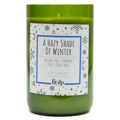 A Hazy Shade of Winter scented 12 oz. soy candle in upcycled wine bottle - FKA Alpine Cheer