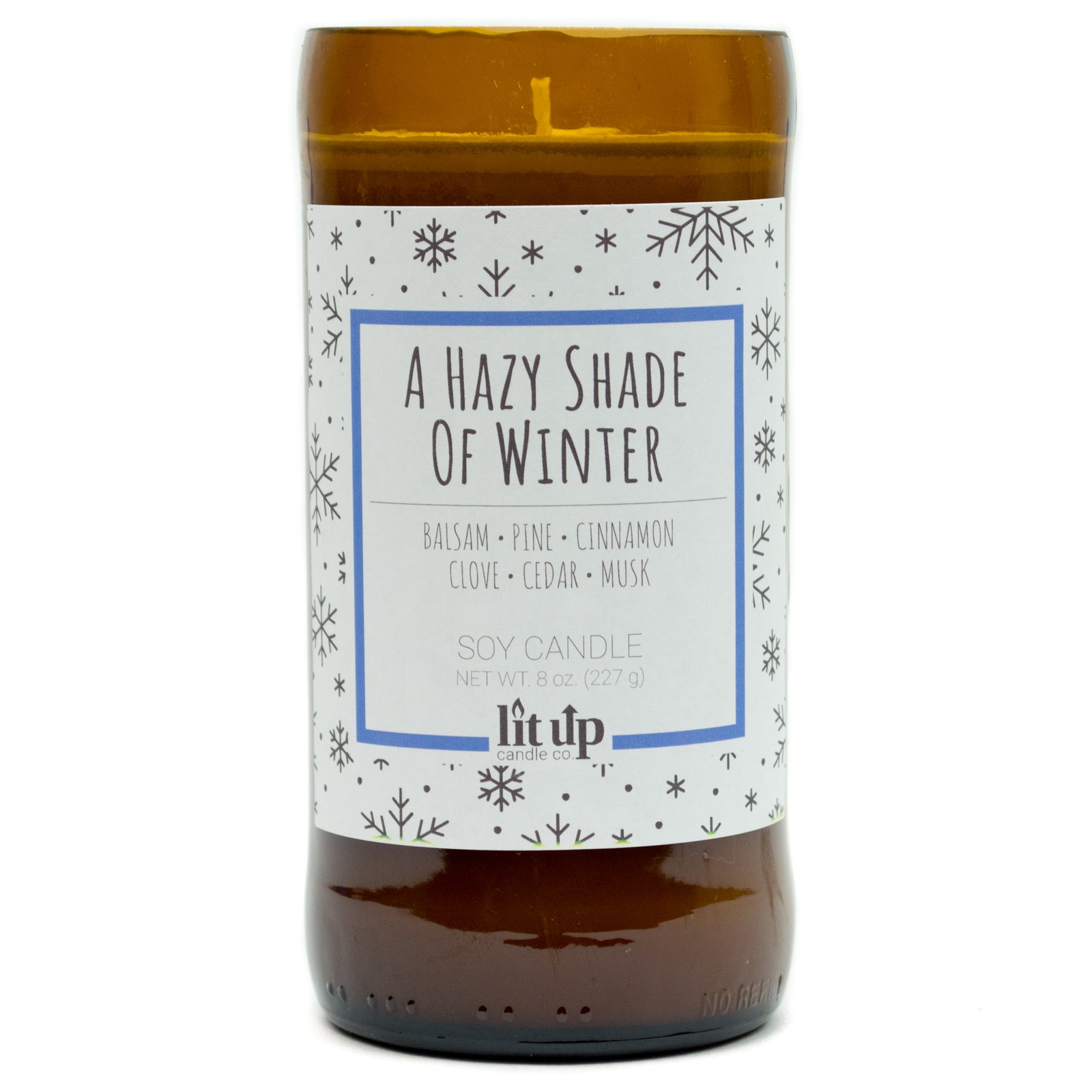 A Hazy Shade of Winter scented 8 oz. soy candle in upcycled beer bottle - FKA Alpine Cheer