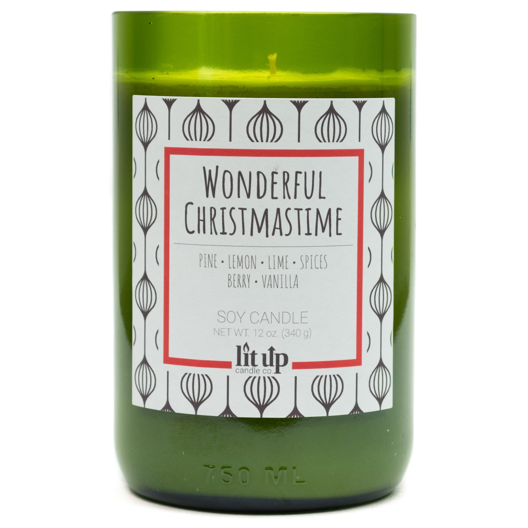 Wonderful Christmastime scented 12 oz. soy candle in upcycled wine bottle - FKA Christmas Hearth