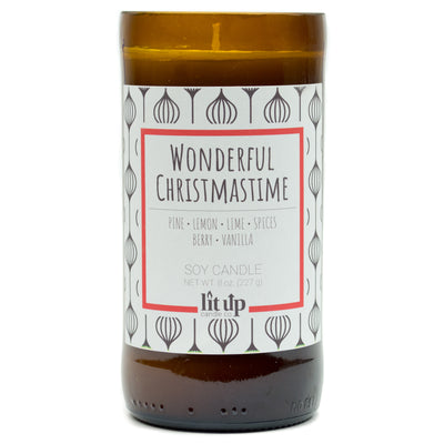 Wonderful Christmastime scented 8 oz. soy candle in upcycled beer bottle - FKA Christmas Hearth