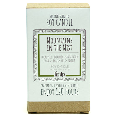 Mountains in the Mist scented 12 oz. soy candle in upcycled wine bottle - FKA Earthen Oak